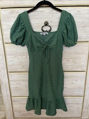 Sister Jane Olive Eyelet Tie-Front Puff-Sleeve Mini Dress